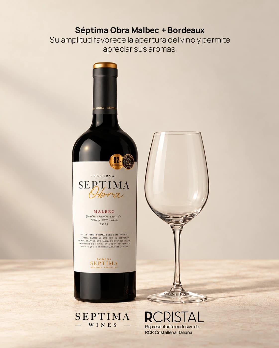 Séptima Obra Malbec y copa Bordeaux con descripción y logos de Séptima y Rcristal.