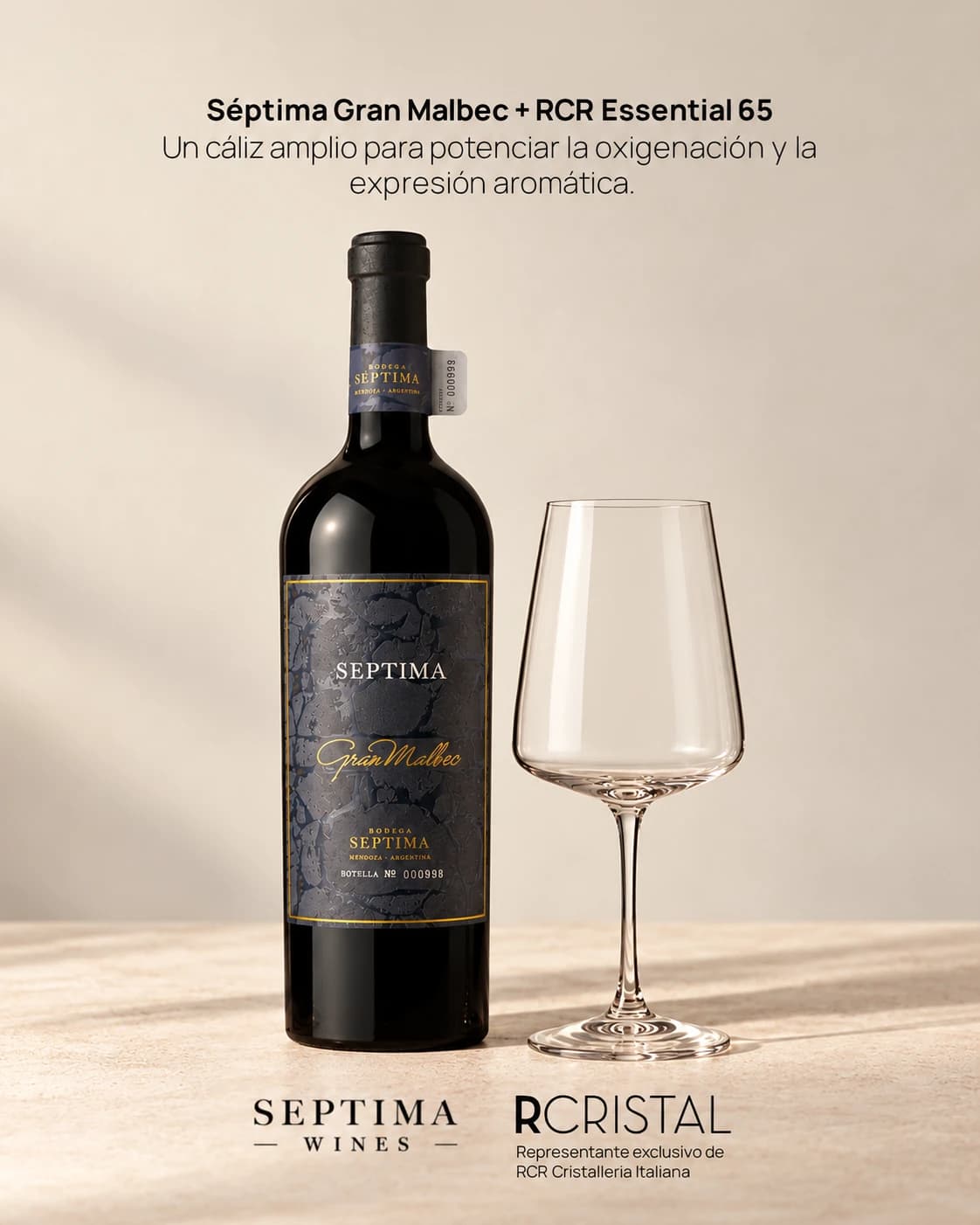 Séptima Gran Malbec y copa RCR Essential 65 con descripción y logos de Séptima y Rcristal.