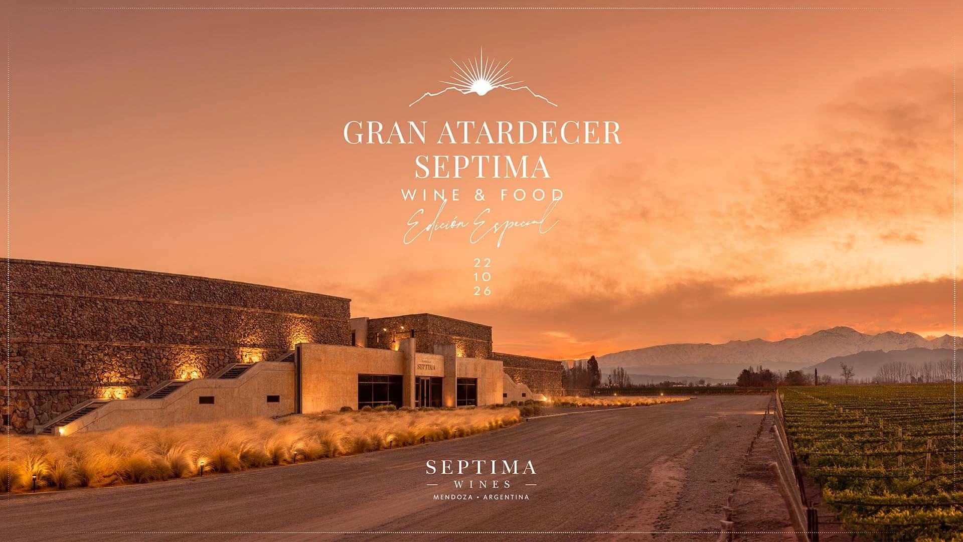 Pieza oficial de Gran Atardecer Séptima Wine and Food Edición Especial con la bodega al atardecer y la fecha 22 de octubre de 2026.